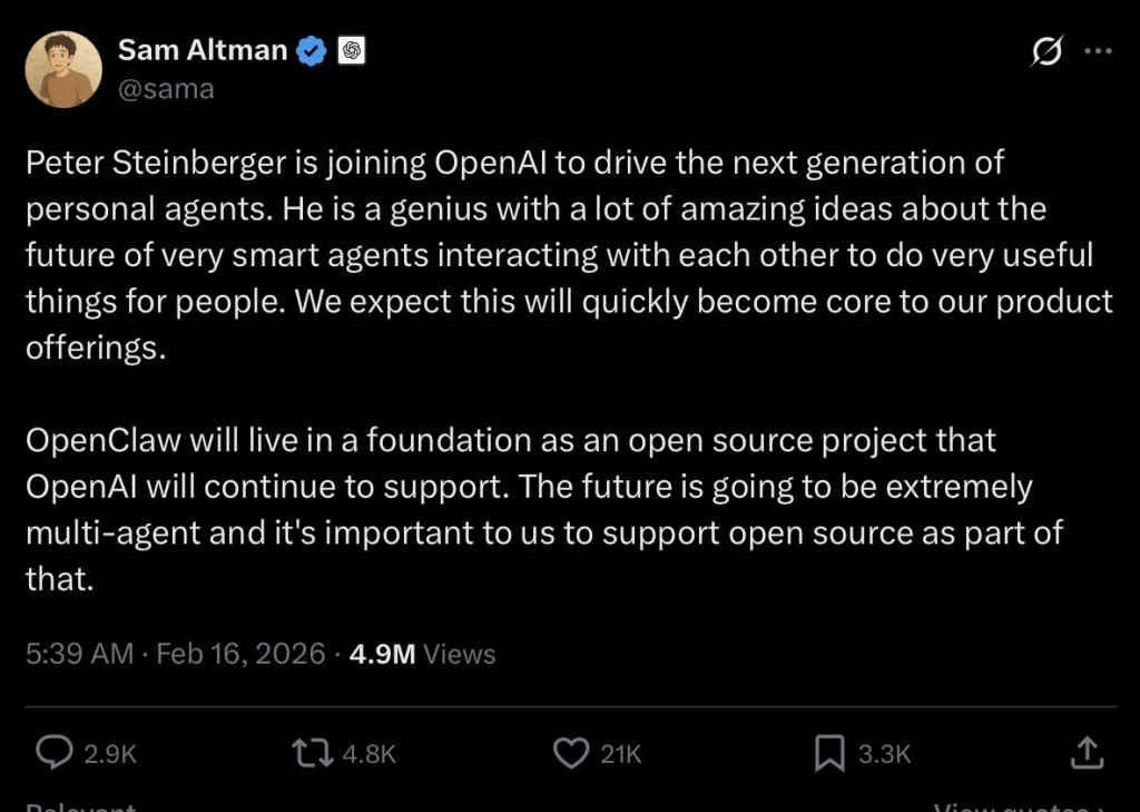 OpenClaw创始人Peter Steinberger加入OpenAI(1)