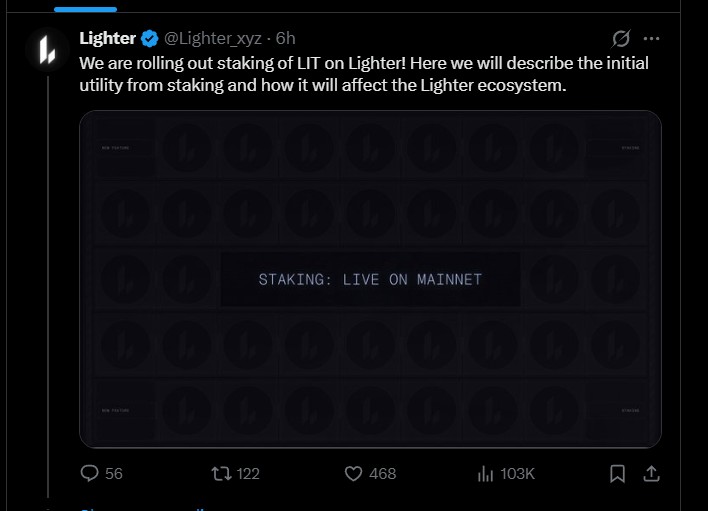 Lighter Token (LIT) 将流动性池中的 LIT 质押截止日期设为 1 月 28 日(2)